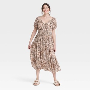 Women's Puff Short Sleeve Drop Tiered Midi A-Line Dress - Universal Thread™ - 1 of 3