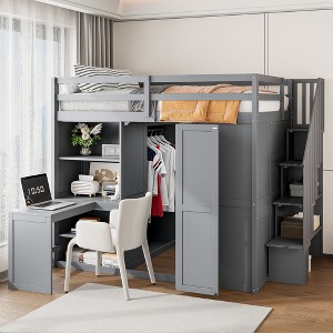 Full Size Loft Bed with Wardrobe, Desk and Shelves - 1 of 4