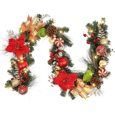 GAOMON 6FT Christmas Garland with Lights, Xmas Battery Operated Artificial Rattan with Classic Red Gold Decorations