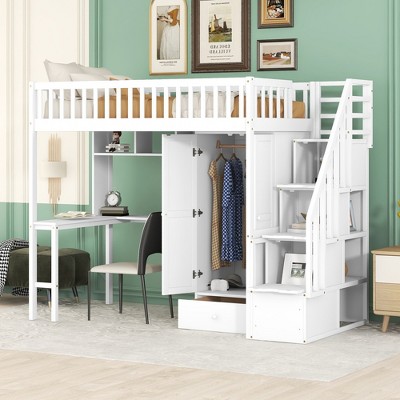 Twin Size Loft Bed With Shelf, Drawers, Desk And Wardrobe, White ...