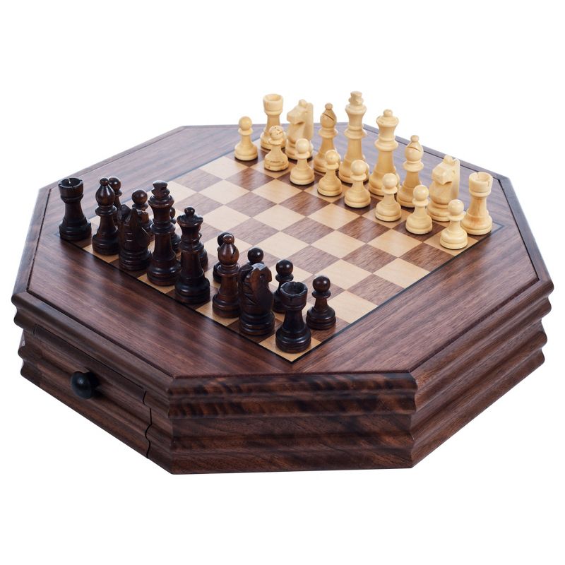 Toy Time Octagonal Chess and Checkers Set - Wooden Chessboard with 2 Storage Drawers and Carved Staunton Pieces, 1 of 3