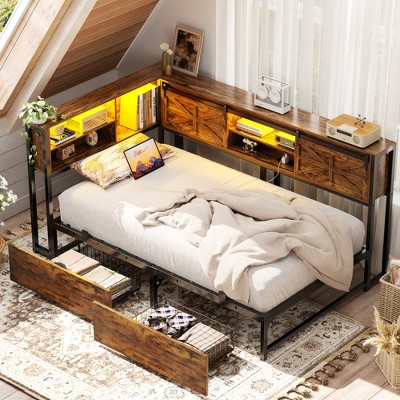Aheaplus Reversible Daybed with Bookcase and Drawer, Corner Bed Frame with Sliding Door