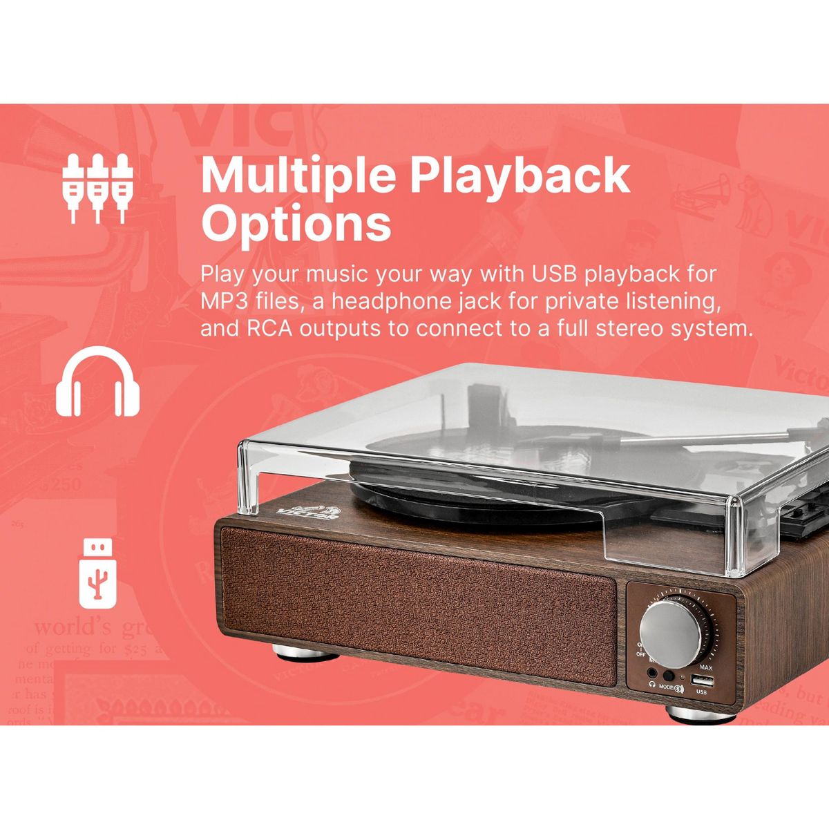 Victor VHRP-1405 Amherst All-in-One 3-Speed Turntable with AudioStream, Bluetooth In/Out, Built-in Stereo Speakers, USB MP3 Playback, RCA Outputs - thumbnail 7