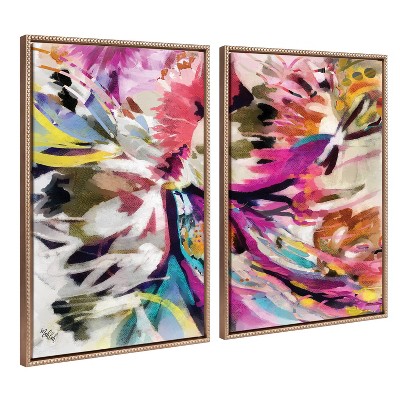 Colorful Abstract Floral Canvas Art Set with Gold Beaded Frame