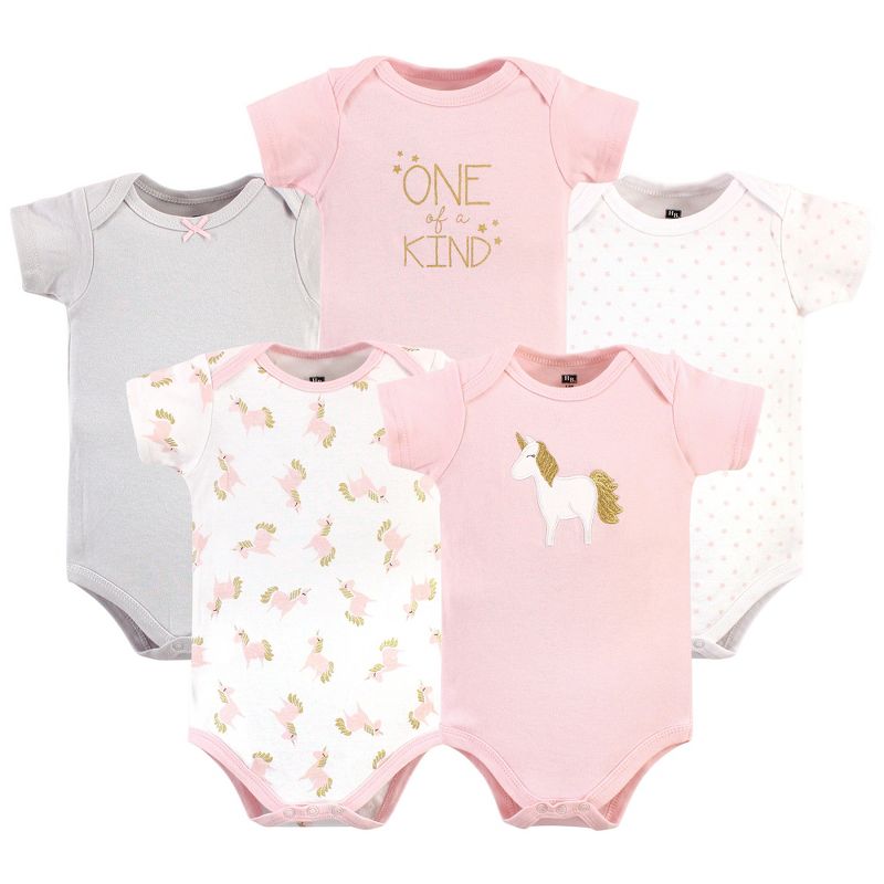Hudson Baby Infant Girl Cotton Bodysuits 5pk, Gold/Pink Unicorn, 1 of 8