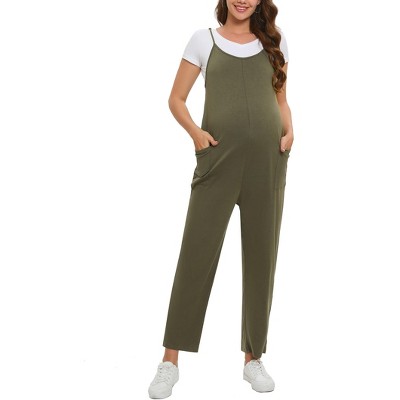 Women's Maternity Jumpsuit Wide Leg Sleeveless Adjustable Strap Pockets Casual Romper with Belt