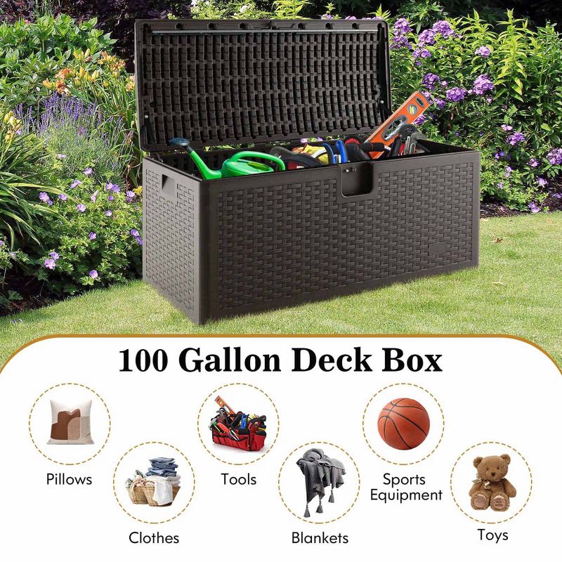 Costway 28/73/100/120/130 Gallon Patio Deck Box Outdoor Waterproof Storage Container for Tools Toys Brown, 5 of 11