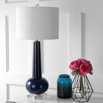 JONATHAN Y 31" Glass Hope Table Lamp (Includes LED Light Bulb) Blue : Linen Shade and Chrome Accents