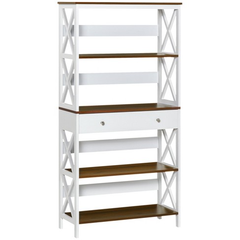 HOMCOM 4-Tier Shelving Bookcase Storage Cupboard with Pull Out Drawer, and Wooden Frame with X Bar Stability, White - image 1 of 4