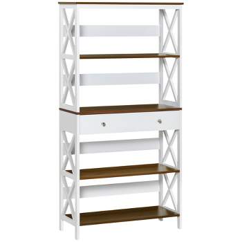 HOMCOM 4-Tier Shelving Bookcase Storage Cupboard with Pull Out Drawer, and Wooden Frame with X Bar Stability, White
