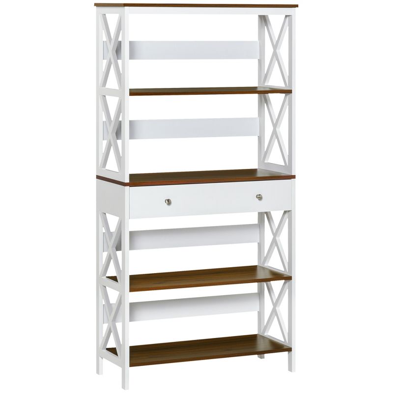 HOMCOM 4-Tier Shelving Bookcase Storage Cupboard with Pull Out Drawer, and Wooden Frame with X Bar Stability, White, 1 of 9