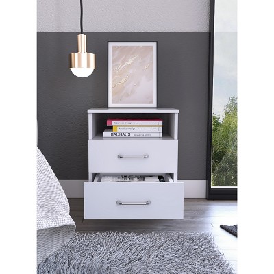 Vynxaria White 2-Drawer Nightstand with Open Shelf ¨C Functional Elegance for Your Space