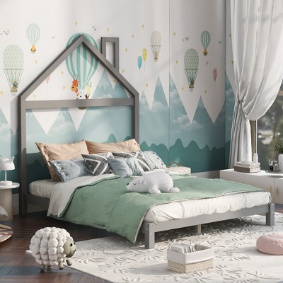 Wood Platform Bed with House-Shaped Headboard - ModernLuxe