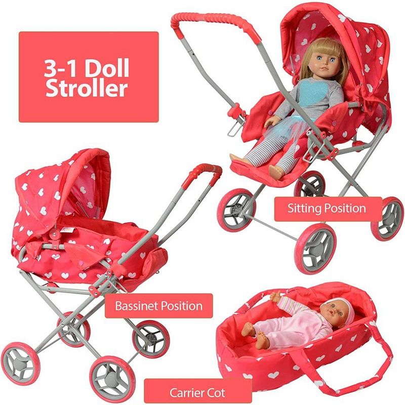The New York Doll Collection Heart Printed Doll Bassinet Stroller with Travel Carry Bag, 2 of 6