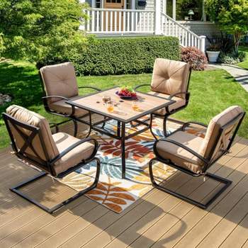 5pc Patio Dining Set with Square Table with Umbrella Hole & 4 Metal Spring Motion Chairs - Beige - Captiva Designs