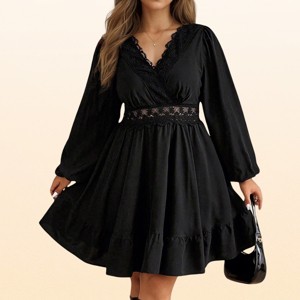 EadianDree Plus Size Womens Long Sleeve V Neck Lace Trim A Line Mini Dress Loose Flowy Ruffle Party Short Dresses : Target