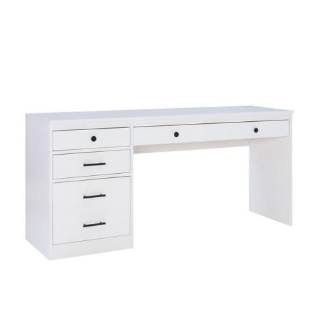 White desk deals with file drawer