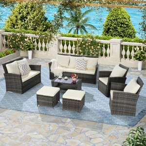 Outdoor 7 Pcs Patio Furniture Set, Rattan Sofa Set with Loveseat and Table, Sofas with Steel Frame and Water-Resistant PE Cushions-Coolbibila - 1 of 4