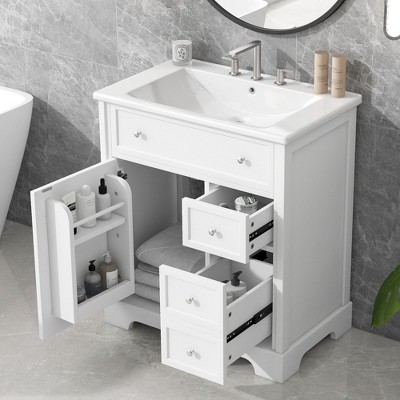 30-Inch Bathroom Vanity with Sink Top Bathroom Vanity Cabinet with Door and Two Drawers MDF Boards Solid Wood One Package White
