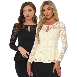INSPIRE CHIC Women's Floral Lace Front Peplum Hem Keyhole Sheer Long Sleeve Blouse 2 Pieces - 1 of 4