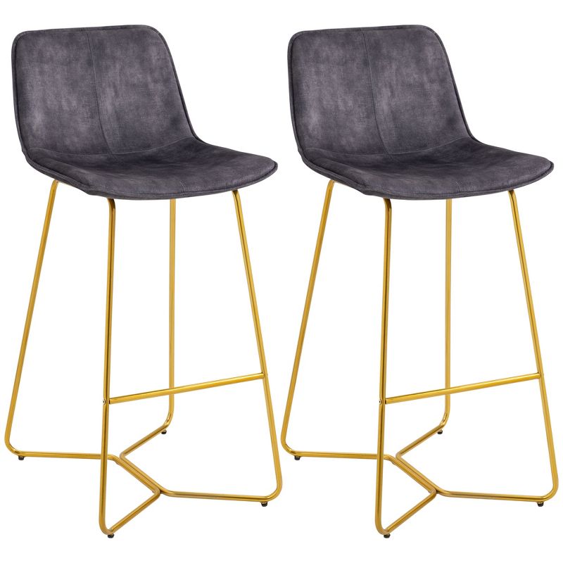 HOMCOM Tall Bar Stools, Velvet-Touch Fabric Bar Chairs, 30.25" Bar Height Stools with Gold-Tone Metal Legs for Dining Area, Home Bar, Set of 2, 4 of 7