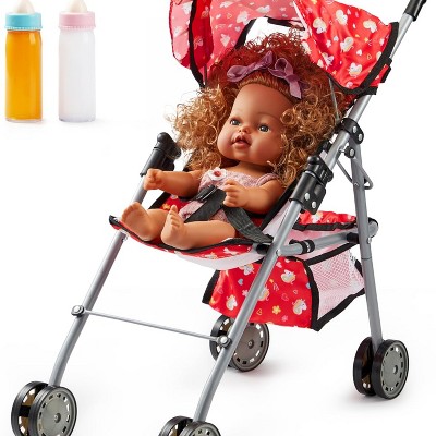 Joyfy Foldable Baby Doll Stroller with Basket & 2 Magic Bottles, Doll Play Stroller,Unicorn Red Babydoll Stroller for 3 4 5 Year Old Little Girls Gift