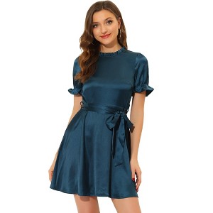 Allegra K Women's Elegant Satin Short Sleeve Tie Waist Business Casual Dresses - 1 of 4