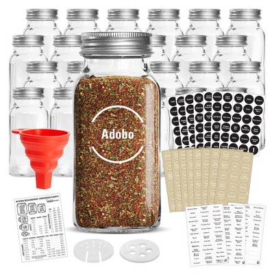 Talented Kitchen 24 Glass 6 oz Spice Jars with Lids and Labels, Sift/Pour, Course Shakers, Clear and Chalkboard Style Stickers
