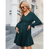 Maternity Long Puff Sleeve Pleated Dress V Neck Ruffle Casual Flowy Belted Baby Shower Midi Dress - 2 of 4