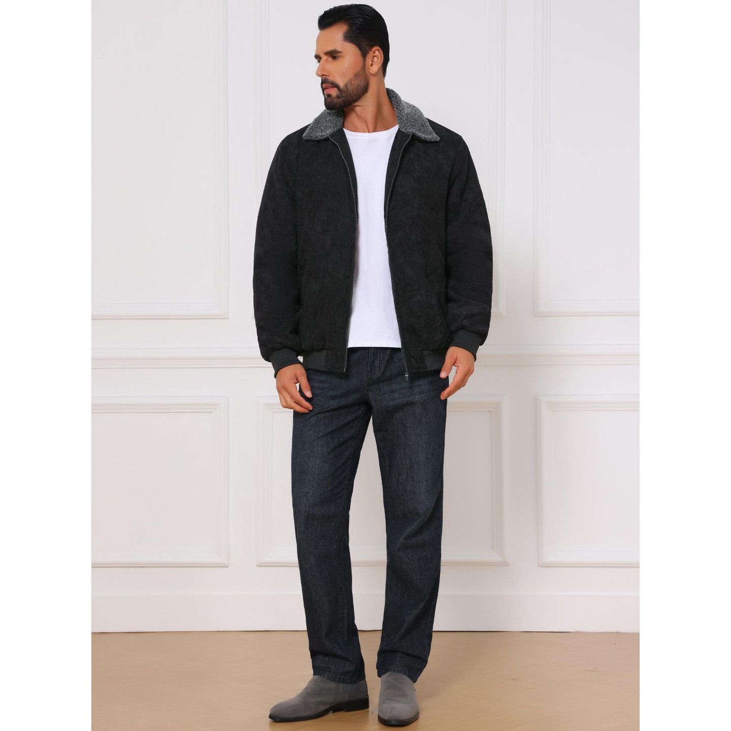 Мужская куртка INSPIRE CHIC Winter Cargo Lapel Zipper Up Fleece Lined Warm Corduroy Jacket Medium Black, цвет: Чёрный — фото 2