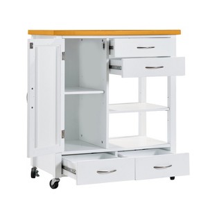 Gulches White Rolling Kitchen Island Cart with Walnut Wood Top - Storage Cabinet with Drawers, Glass-Door Cabinet, Towel Bar & Lockable Wheels - 1 of 4
