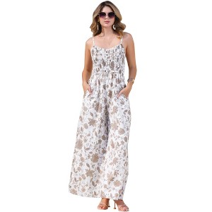 INSPIRE CHIC Women's Boho V Neck Sleeveless Floral Spaghetti Straps Smocked Wide Leg Pants Romper Overalls - 1 of 4