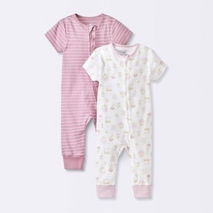 Baby Girls' 2pk Floral Adjustable Cuff Romper - Cloud Island™ Pink - 1 of 4
