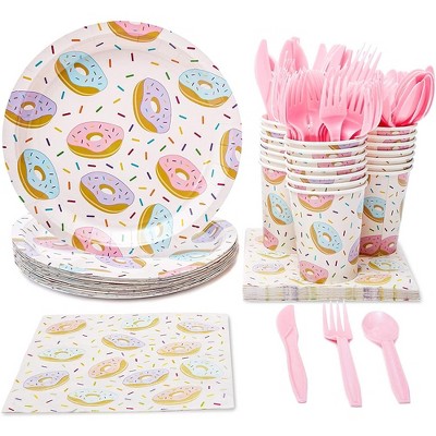 Juvale 144 Piece Donut Party Supplies - Serves 24 Sprinkle Paper Plates, Napkins, Cups and Cutlery for Birthday Decorations