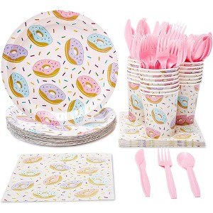 Juvale 144 Piece Donut Party Supplies - Serves 24 Sprinkle Paper Plates, Napkins, Cups and Cutlery for Birthday Decorations - 1 of 4