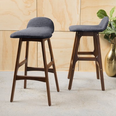 Set of 2 28.5" Mid-Century Modern Upholstered Low Back Barstools, Light Gray, Natural Walnut Finish-Christopher Knight Home