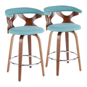 Mid-Century Modern 360¡ã Swivel Walnut Wood Counter Stools with Upholstered Seats and Lattice Backs (Set of 2) for Kitchen or Dining Area - 1 of 4