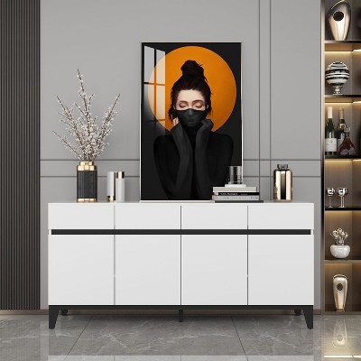 Famapy White Modern 4 Doors Sideboard Buffet With 4 Storage Drawers
