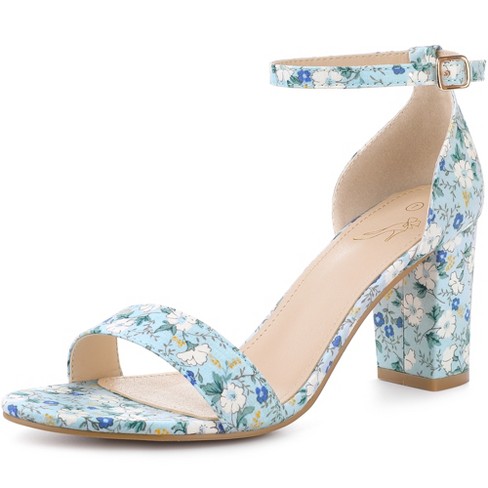 Perphy Women's Floral Printed Open Toe Ankle Strap Chunky Heels Sandals  Blue 7