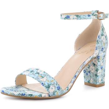 Perphy Women's Floral Printed Open Toe Ankle Strap Chunky Heels Sandals