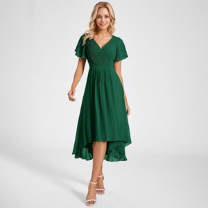 Chiffon V Neck High Low Hem Ruffles Sleeve Wedding Guest Dresses - 1 of 4