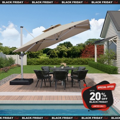 PURPLE LEAF 9/10/11/12ft Square Patio Cantilever Umbrella with Base Windproof Offset Heavy Duty Sun Umbrella for Pool Lawn Garden 360 Degree Rotation