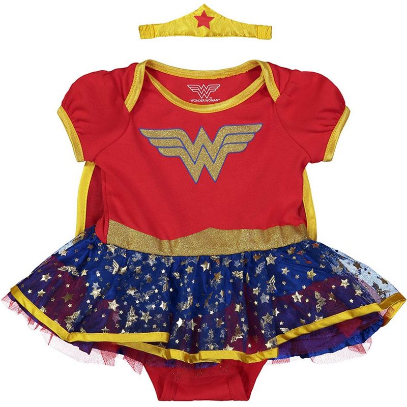 DC Comics Justice League Wonder Woman Baby Girls Cosplay Costume Bodysuit Cape and Headband 3 Piece Set Newborn to Infant , 1 of 9