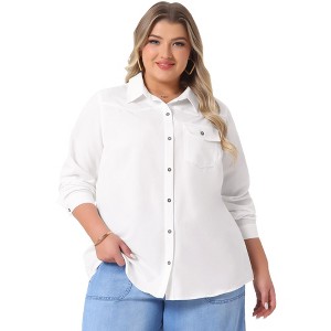 Agnes Orinda Women's Plus Size Business Casual Long Sleeve Denim Button-Down Shirts - 1 of 4