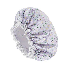 Unique Bargains Women's Small Flower Bath Cap Purple Green 1 Pc - 1 of 3