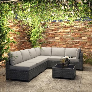 7 PCS Outdoor Patio Furniture Set, Wicker Sectional Sofa Set Rattan Modular Conversation Couch Set with Cushions for Outside, Garden, Balcony, Porch - 1 of 4