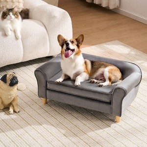 YOUNIKE Pet Sofa Bed, Grey Velvet Cat Bed and Small Dog Couch with Rubberwood Legs, 20.67" x 12" x 2.76" Modern Washable Plush Pet Furniture - 1 of 4