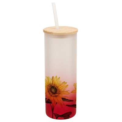 Elanze Designs Happy Yellow Sunflowers Flower Garden Wrap-Around Design 25 Ounce Frosted Gradient Glass On-The-Go Coffee Travel Skinny Tumbler Mug