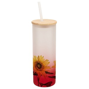 Elanze Designs Happy Yellow Sunflowers Flower Garden Wrap-Around Design 25 Ounce Frosted Gradient Glass On-The-Go Coffee Travel Skinny Tumbler Mug - 1 of 1