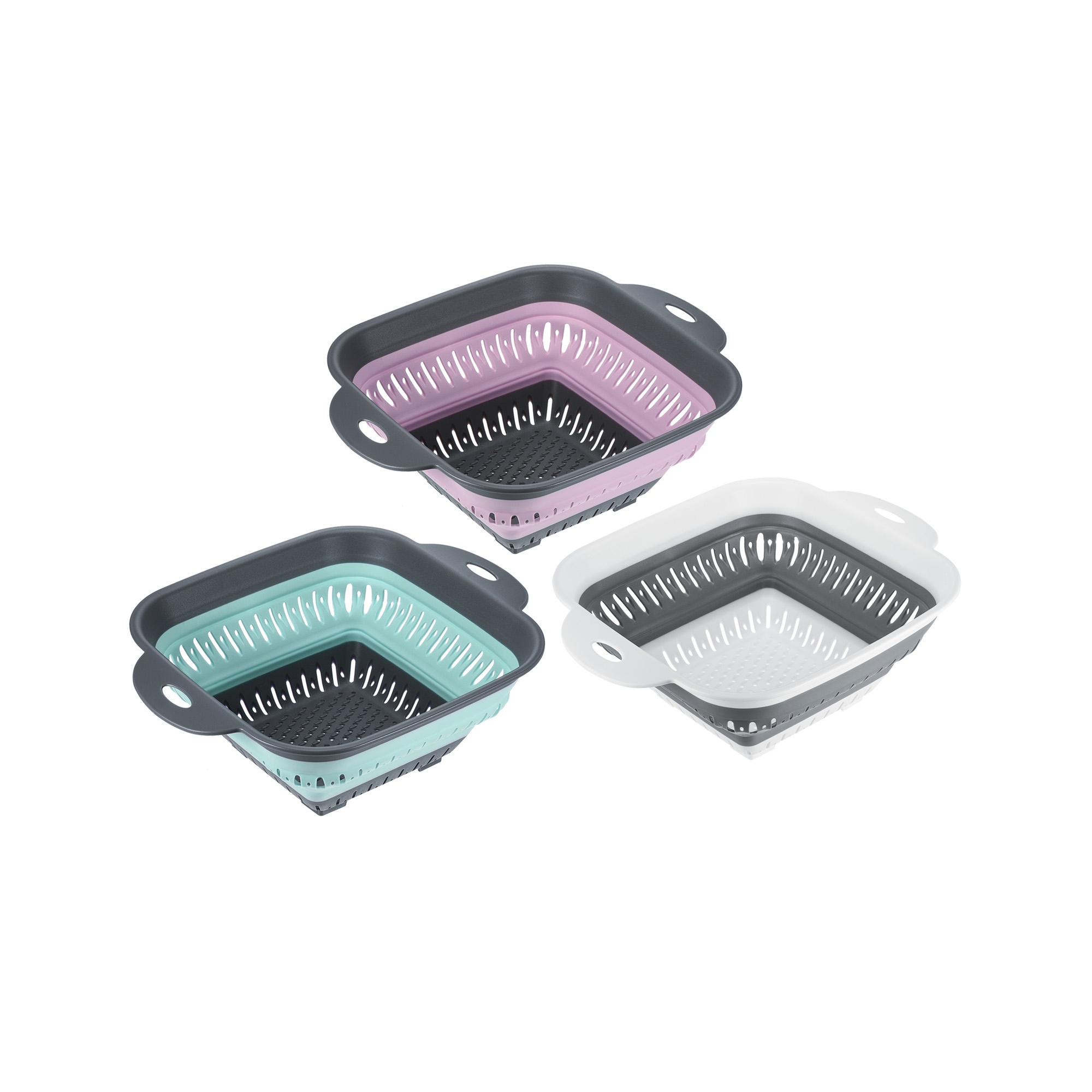 Unique Bargains Pasta Veggies Kitchen Collapsible Food Colander with Extendable Handle 3 Pcs Gray/Green/Pink